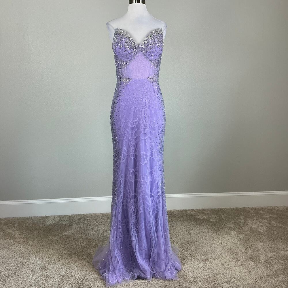 Jovani 5503 Beaded Lace Strapless Mermaid Evening Gown Lilac Purple Size 6 Dress - Picture 2 of 11
